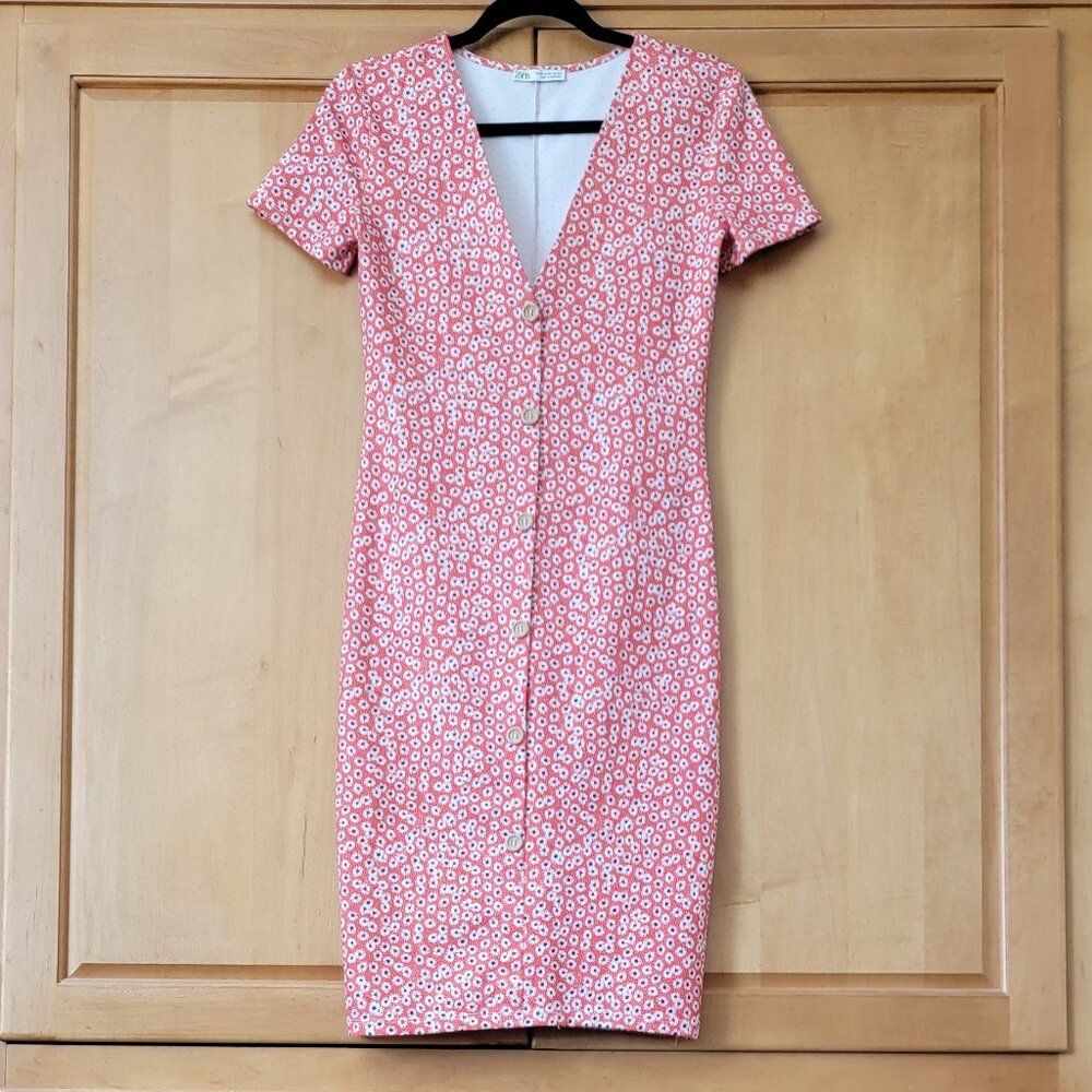 NWOT Zara Red Orange Daisy Print V-Neck Button Front Stretch Dress - M - Picture 1 of 8